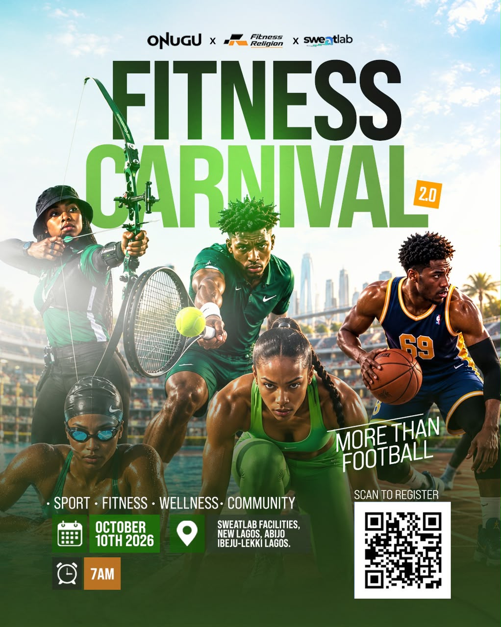Fitness Carnival 2.0 poster — Onugu x Fitness Religion x Sweatlab, October 10th 2026
